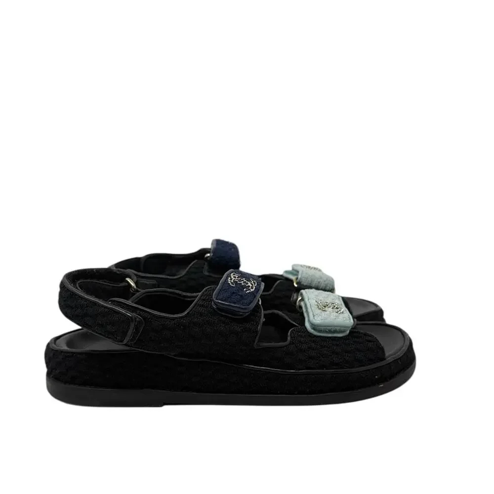 Chanel Dad Sandals CC Chain Logo Blue Two Tone Knit Flat Slingback Size 37